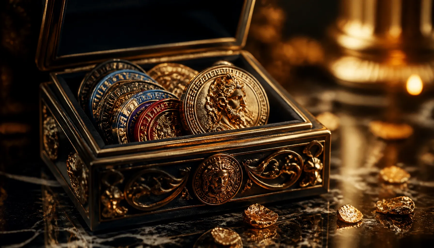 Cinematic photorealistic golden lightning bolt striking an ornate ancient stone throne surrounded by dramatic storm clouds an