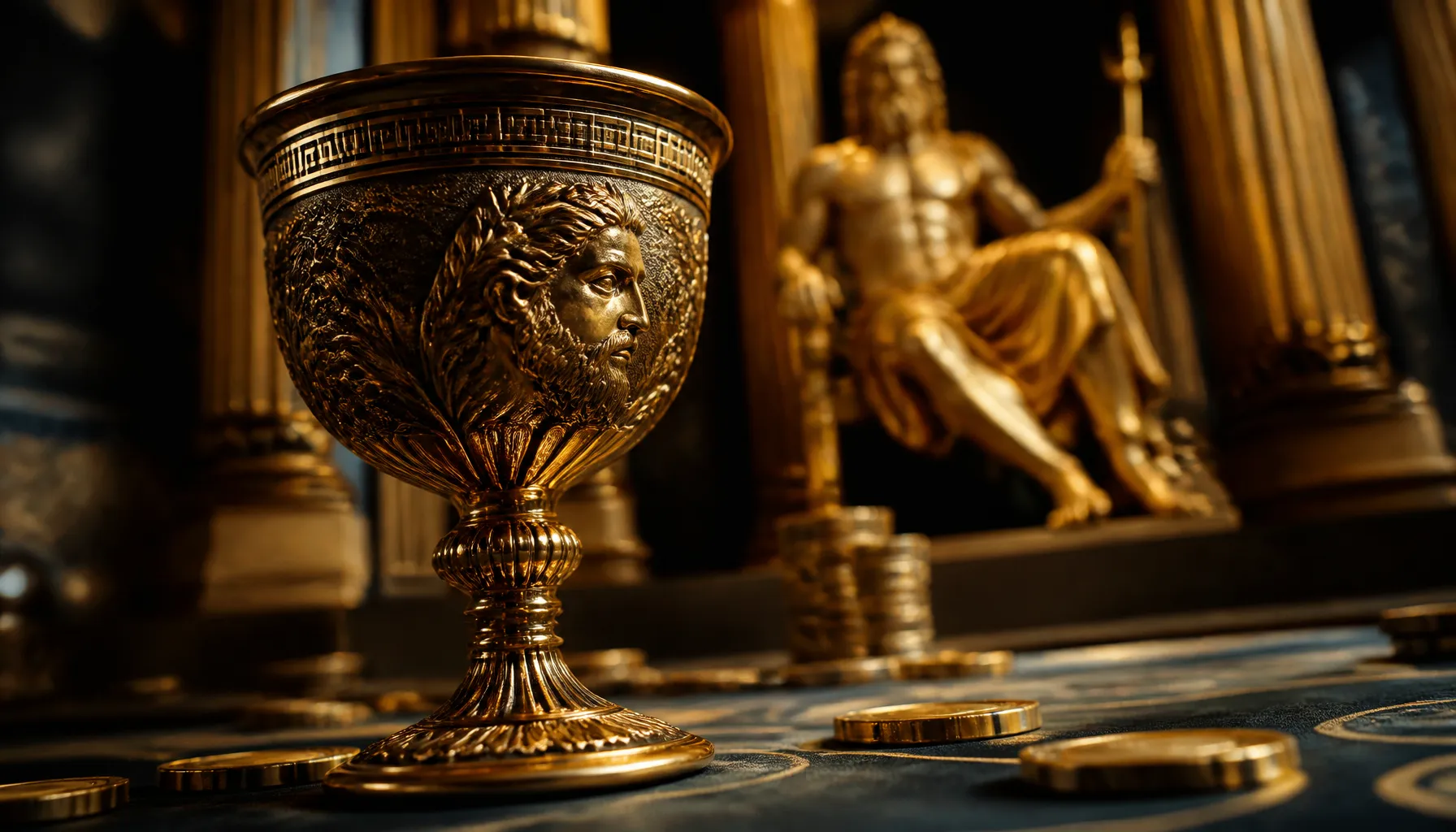 Cinematic photorealistic golden lightning bolt striking an ornate ancient stone throne surrounded by dramatic storm clouds an