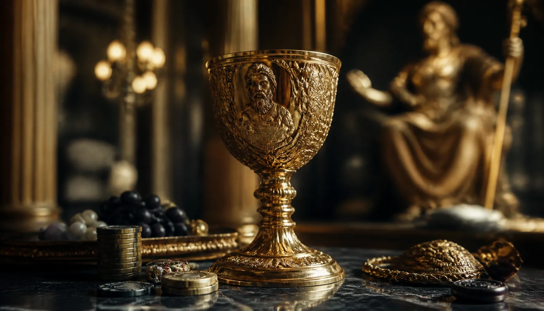 Cinematic photorealistic golden lightning bolt striking an ornate ancient stone throne surrounded by dramatic storm clouds an