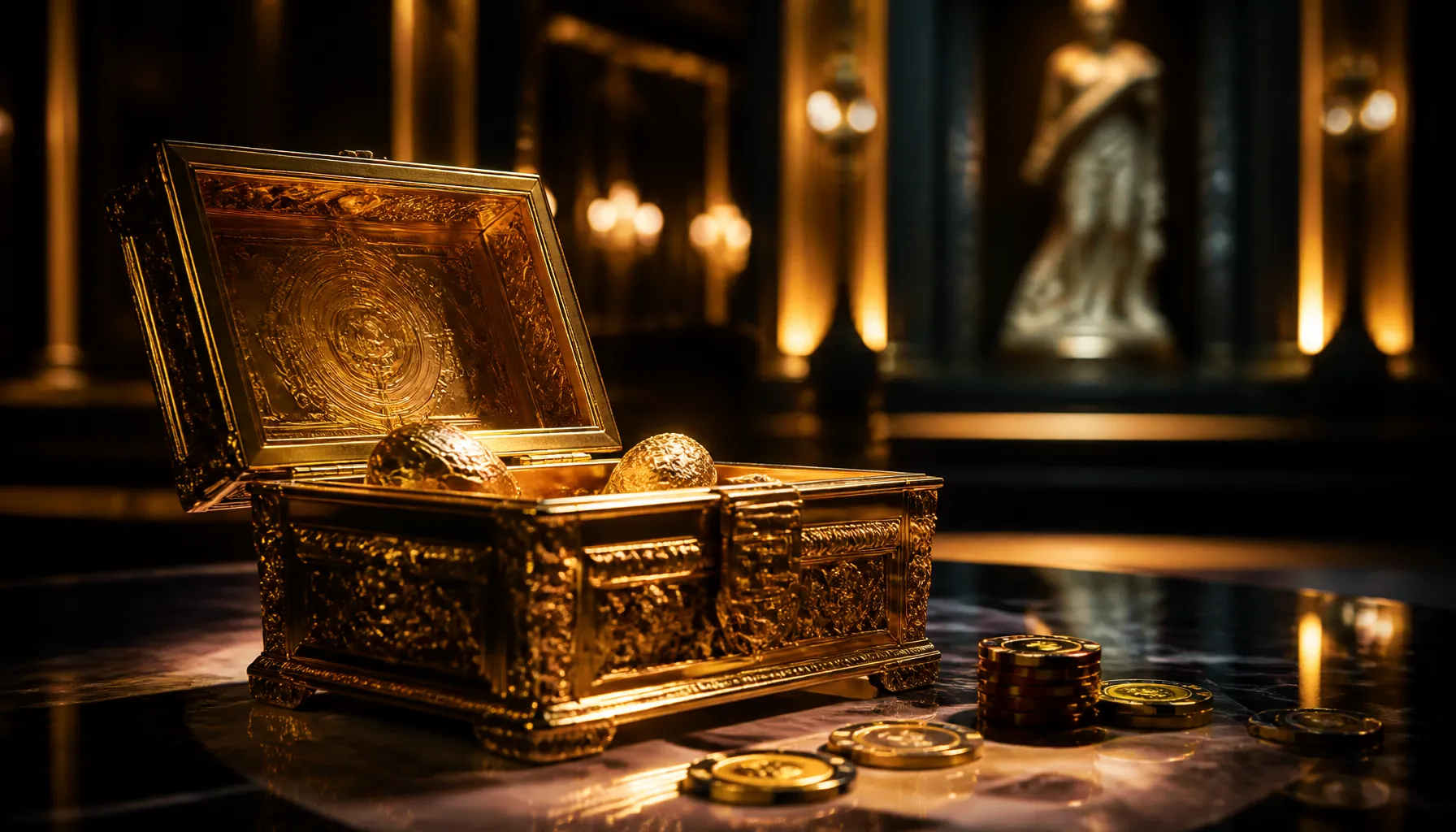 Cinematic photorealistic golden lightning bolt striking an ornate ancient stone throne surrounded by dramatic storm clouds an