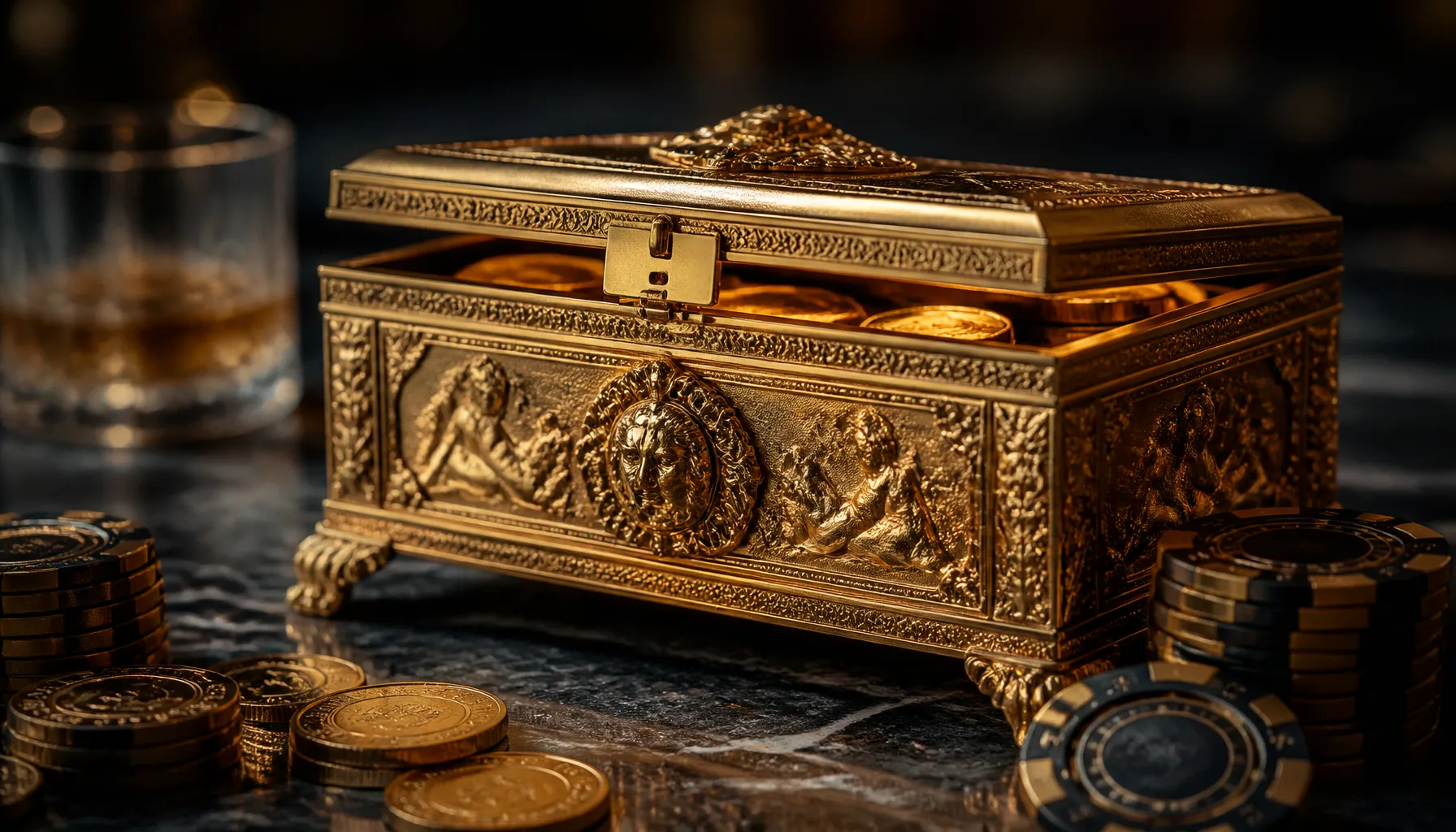 Cinematic photorealistic golden lightning bolt striking an ornate ancient stone throne surrounded by dramatic storm clouds an