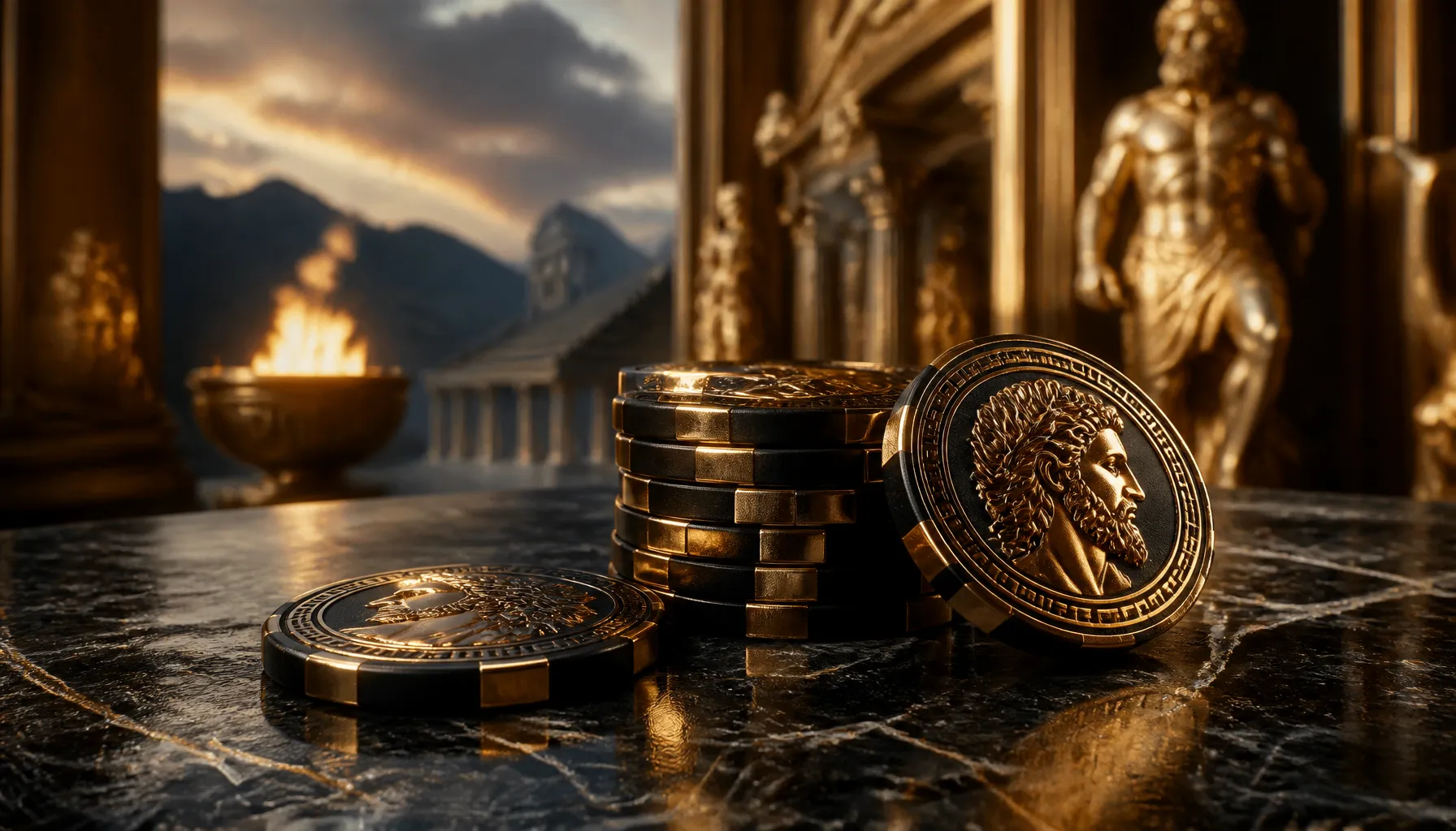 Cinematic photorealistic golden lightning bolt striking an ornate ancient stone throne surrounded by dramatic storm clouds an