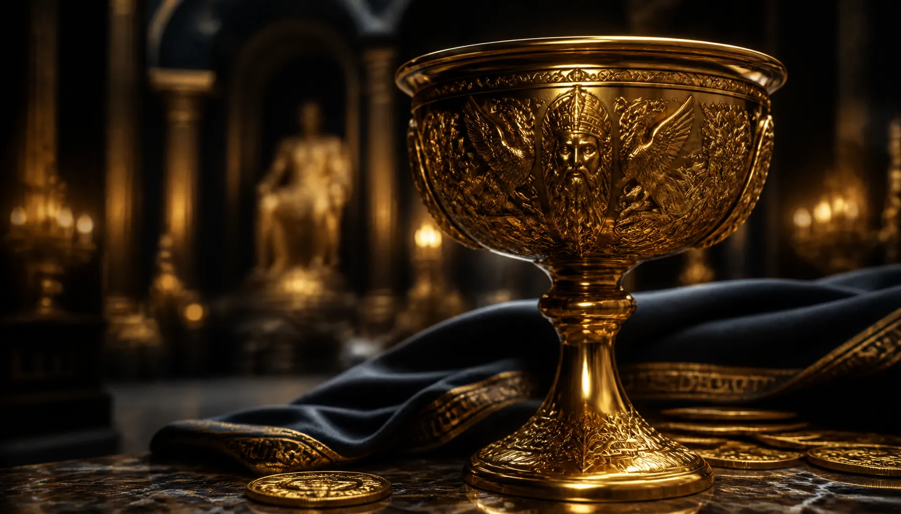 Cinematic photorealistic golden lightning bolt striking an ornate ancient stone throne surrounded by dramatic storm clouds an