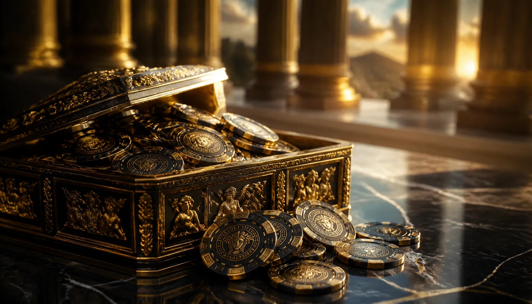 Cinematic photorealistic golden lightning bolt striking an ornate ancient stone throne surrounded by dramatic storm clouds an